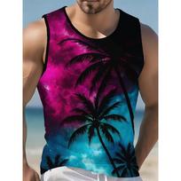 Mens Gradient Sunset Island Palm Tree Print Sleeveless Tank Top Breathable Casual O Neck Vest Trendy Summer S