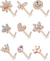 9Pcs Nose Rings Stud L Shaped Nose Ring Flower CZ Snowflake Butterfly Screw Nose Stud Body Piercing Jewelry 20G Rose Gold Tone rožinio aukso spalvos