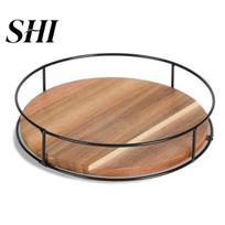 Desktop Condiment Holder 9-Inch Wooden Lazy Susan Turntable with Steel Sides 360 Degree Pantry Organizer Rotating Cabinet Kitchen Countertop 9inch