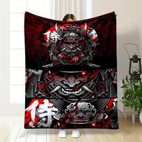 Samurai Mask with Horns, Red Background, and Bold Japanese Characters. for All Seasons Blanket Lunch Break Throw Gift 75X95CM
