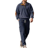 Autumn Winter Men's Sports Corduroy Tracksuits Button Lapel Hoodies Pullover and Drawstring Pants Two Piece Set Male Suit S tamsiai mėlyna spalva