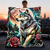 1 vnt. Vilko ir rožių dizaino pledas, poliesterio pluoštas, lengvas flanelis, minkštas ir šiltas, tinkamas naudoti visais sezonais lauke, stovyklavimui 75X95CM