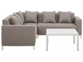 Sodo kampinė sofa su staliuku 5 asmenims BELIZE dešininė smėlio spalvos modulinė
