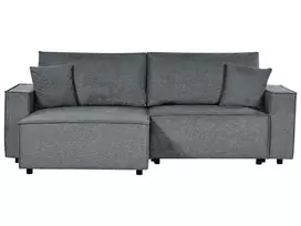 Išskleidžiama kampinė sofa KARILA 3 vietų, tamsiai pilka, su patalynės dėže, dešininė