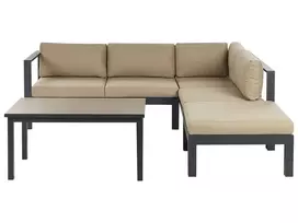 Lauko kampinė sofa su stalu 5 asmenims MESSINA kairinis smėlio spalvos metalinis