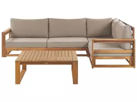 Sodo kampinė sofa su staliuku 4 asmenims TIMOR kairinė šviesiai ruda, sertifikuota akacijos mediena, modulinė