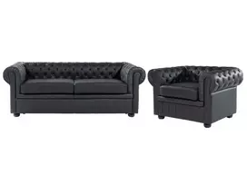 4 asmenų poilsio baldų komplektas CHESTERFIELD, natūrali oda, juoda spalva