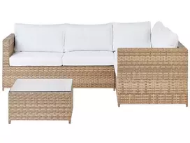 Sodo kampinė sofa su stalu AVOLA, kairinė, kreminė balta, technorotangas