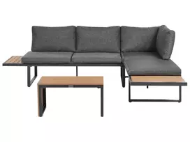 Sodo kampinė sofa su staliuku 4 asmenims PIENZA kairinė, šviesiai ruda/pilka