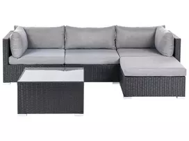 Sodo kampinė sofa su staliuku 4 asmenims SANO kairinė, juodos spalvos technoratanas