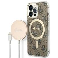 Zestaw Guess GUBPP13XH4EACSW Case+ Charger iPhone 13 Pro Max brązowy|brown hard case 4G Print MagSafe