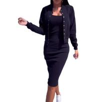2 vnt./komplektas Moteriškų paltų suknelių rinkinys, vienaeilis, apvalia kaklą ilgomis rankovėmis Striukė Skinny Slip Suknelė Rudens midi suknelės striukės rinkinys OL Į darbą ir atgal S juoda