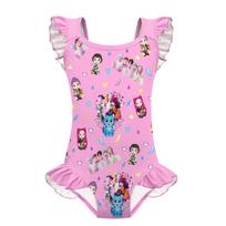 Kids Girls Anime Cartoon POP Singers Rumi Mira Zoey Print Ruffle Sleeveless One-piece Swimsuit Swimwear 100cm