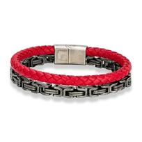 Norse Viking Leather Bracelet for Men Stainless Steel King Chain Punk Rock Jewelry Never Fade Vintage Style 19cm raudona