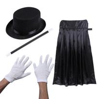 4Pcs/Set Magician Costume for Kids Kiddie Role Play Halloween Magician Dress Up Top Hat Cape Magic Wand and White Gloves One Size