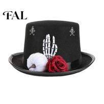 Adult Cosplay Hat Adults Felt Top for Men Women, Steampunk Halloween with Skeleton Festive Holiday Accessory Hand And Rose, Black Gothic Costume One Size A