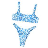 2 Pcs/Set Great Bathing Suit Wear-resistant Thong Beachwear Mid Waist Women Swimsuit for Vacation S mėlyna