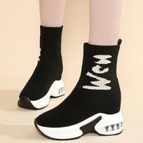 Fashion Women's Knitted Boots Thick-soled Slip-on Breathable Women Boots Are Fashionable Casual and Smooth 35 juoda