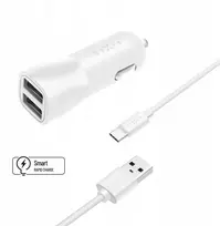 „Fixed“ įkroviklis. „FIXED“ automobilinis įkroviklio rinkinys su 2 USB išėjimais ir USB/USB-C kabeliu (1 metras), 15 W „Smart Rapid Charge“, baltas