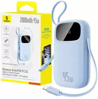 „Baseus“ išorinis akumuliatorius „EnerFill FC31“ 20000 mAh, 45 W, su ekranu, USB-C ir „Lightning“ laidais – mėlynas