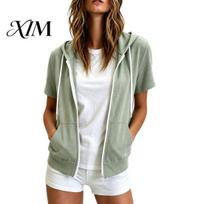 Zip-up Sweatshirt Women Short Sleeve Zip-Up Hoodie, Casual Drawstring Breathable Hoodie for Summer, Lightweight Hooded Coat with Pockets Apparel M žalia