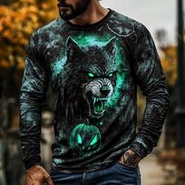 Funny 3D Wolf Pattern Men's T-Shirt Hip Hop Trend Harajuku Streetwear Casual O-Neck Long Sleeve Top Spring Autumn Loose Clothing S gray