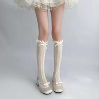 Women Lolita Fishnet Thigh High Socks Japanese Style Heart Striped Lace Patterned Over Knee Long Stockings Ruffled Frilly Kawaii One Size