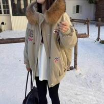 Zhao Lusi Style Women's Winter Parka with Fur Collar and Fleece Lining - Warm, Versatile, American-Inspired Coat L chaki