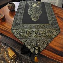 Chemin de table - Nappécoration - Tissu Noir - Pompons Dorés - Motif Éléphants - 23x200cm juoda
