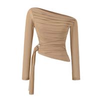 Spicy Girl Off-Shoulder Pleated Mesh Long-Sleeve Slim Fit Top for Women Small chaki