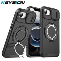 KEYSION 360° besisukantis žiedas Stovas Dėklas telefonui iPhone 17e 16e Slankioji kameros apsauga Magnetinis smūgiams atsparus dangtelis iPhone 17e for iPhone 17e juoda