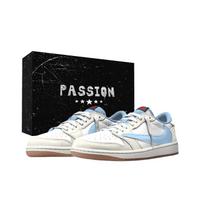 Jordan x Travis Scott Air Jordan 1 Ice Blue Jelly Box Slip Resistant Low top Vintage Basketball Shoes Women's DZ4137-700(Team2042- ) 35.5