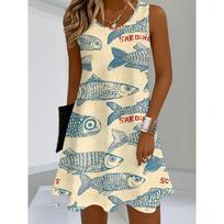 New Women's Sleeveless Ancient sardine Canned Print Tank Top Dress Knitted fabric is suitable for beach, office, and daily wear 5XL