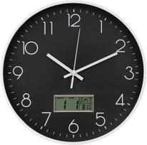Sieninis laikrodis su tyliu mechanizmu, Netiksintis sieninis laikrodis su LCD ekranu, Sieninis laikrodis su termometru ir kalendoriumi 30 cm, apvalus