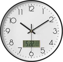Sieninis laikrodis su tyliu mechanizmu, Netiksintis sieninis laikrodis su LCD ekranu, Sieninis laikrodis su termometru ir kalendoriumi 30 cm, apvalus