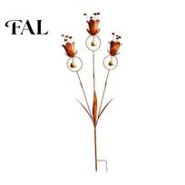 Copper Finish Garden Ornament Flame Metal Lily Tulip Stake with Wind Chime Bells, Rustic Weatherproof Flower Yard Art Decor for Lawn Patio Bed,
