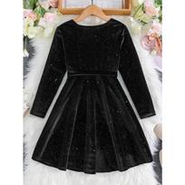 Autumn and Winter Retro V-neck Long-sleeved Solid Color Sequined Birthday Party Dress for Older Girls with Belt 120cm juoda