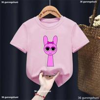 Kawaii Pink Sprunki Printed Tshirt Girls/Boys Music Game Cool Kids Clothes Summer T-Shirt 110