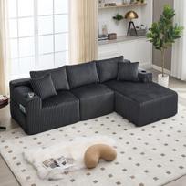 Modulinis sofa komplektas su chaise longue, 2 vietų sofa, minkštas korduro audinys, 5 pagalvės, šoninės kišenės, gėrimų laikiklis
