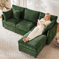 L formos kampinė sofa, modulinė, su taburete, 4 pagalvės, žalia