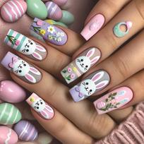 Easter Press on Nail for Women Medium False Nail Glossy Acrylic Cute Rabbit Stick on Nail Colorful Acrylic Nail 24Pcs 1