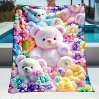 Colorful Teddy Bear with Flower Print Decorative Throw Blanket for Sofa, Bed, Home Decor, Camping, and Travel Gift Size: 75*100cm, Weight: 230 GSM