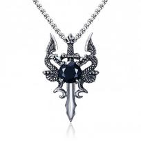Titano plieno drakono karoliai, Dvigubas drakonas retro vyriški dominuojantys ir madingi vyriški inkrustuoti raudonu ir baltu cirkoniu pakabukai 50CM(Necklace Size)