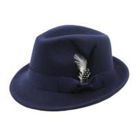 Vyriška fedora skrybėlė su plunksna ir kaspinu, vintažinė, trumpo krašto, veltinė skrybėlė, vientisos spalvos, moteriška panama skrybėlė, 1920-ųjų klostuota skrybėlė dėvėjimui visą dieną tamsiai mėlyna spalva