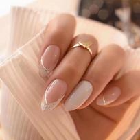 French Medium Length Almond Shape Press On Nails Glitter Design Reusable Artificial Nail Tips with Adhesive Tabs for Easy Application One Size juoda