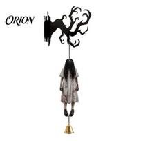 Dark Silhouette Wall Art Halloween Welcome Sign, Mount 2D Acrylic Hanging Decor with Bell, Festival Theme Settings Gothic Black Cat Creepy Ghost D