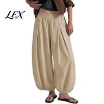 Lightweight Balloon Trousers Women Wide Leg Barrel Pants, Casual High Waisted Pleated Palazzo Pants Trousers, Solid Color Baggy Soft Lounge M chaki