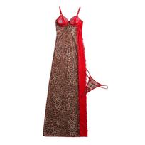 Women's Sexy High Slit Nightgown Set Red Lace Spliced Leopard Mesh Long Nightdress Push-Up Nightgown with Thong Set S raudona