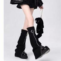 Y2K Punk Style Adjustable Zipper Leg Warmers Teens - Black Denim Look Slimming Calf Covers With Bow Detail Black