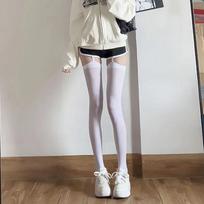Women'S Sexy Suspender Thigh High Stockings Velvet Thin Black And White Irregular Exposed Skin Jk Japanese Over-The-Knee Socks One Size